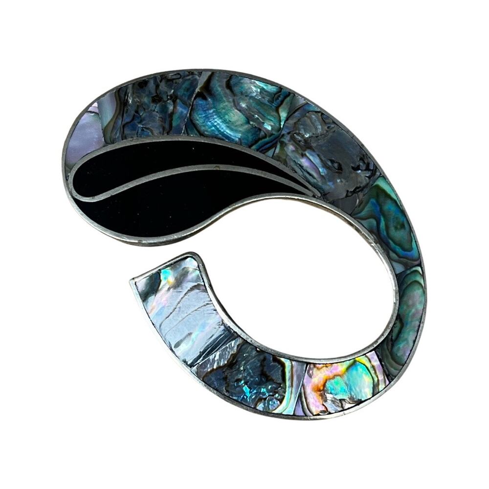 Alpaca Nickel Silver Abalone Shell Abstract Brooch, Vintage 1970s Mexican Pin